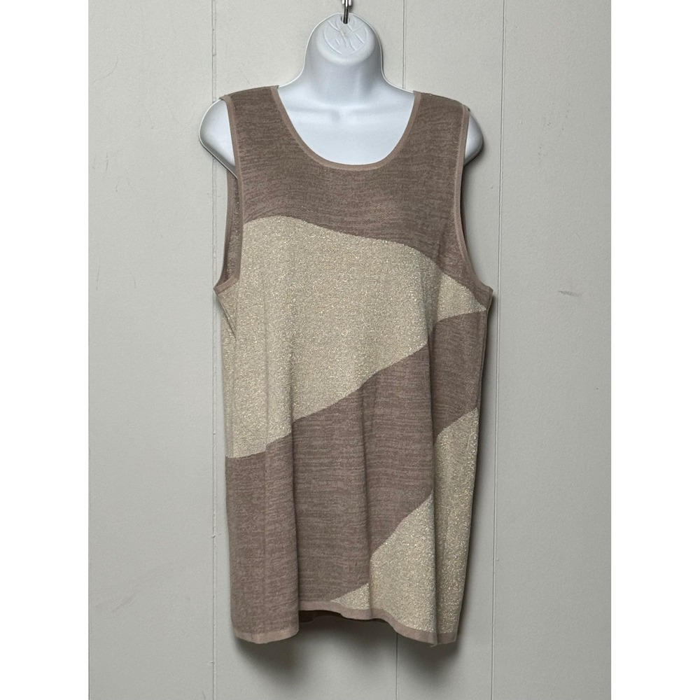 Chicos Metallic Knit Shell Top Size 3 XL Taupe Gold Colorblock Sleeveless Tank